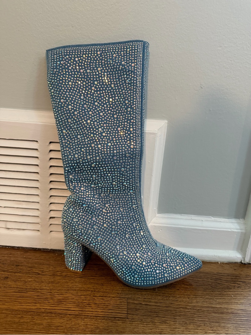 Blue Crystal-Embellished Mid-Calf Block Heel Boot